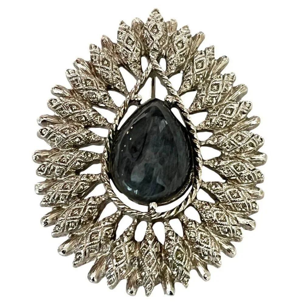 Sarah Coventry Open Work Teardrop Brooch Granada Silver Tone Pin Gray Stone
